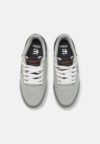 Pelēki sporta apavi ar gludu zamša augšpusi, balto auklu un melno iekšējo oderi. Izceļas ar Etnies logo uz mēles.
