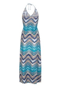 Maxi jurk met een halternek, chevronpatroon in turkoois, blauw, bruin en wit, met een aansluitende taille en een vloeiende silhoeet.