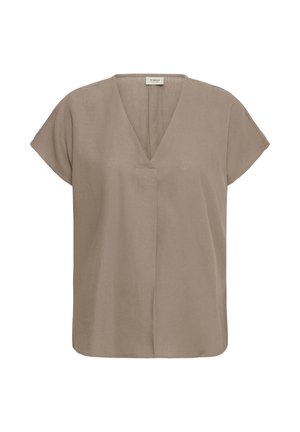 Blouse taupe à manches courtes avec encolure en V et coupe décontractée, avec un détail subtil de couture avant.