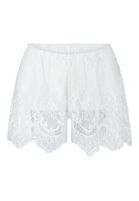 Vita spetsshorts med scallopkant och texturerat mönster. Har resårmidja och blommiga spetsmönster genom hela.