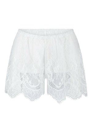 Witte kanten shorts met een gegolfde zoom en een gestructureerd ontwerp. Voorzien van een elastische tailleband en bloemige kanten patronen overal.