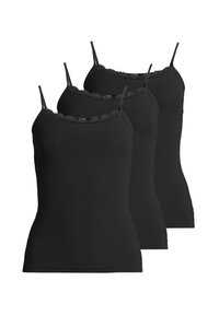Tre canottiere nere con spalline sottili, caratterizzate da una texture a costine e un bordo in pizzo lungo il colletto, creando una silhouette aderente.