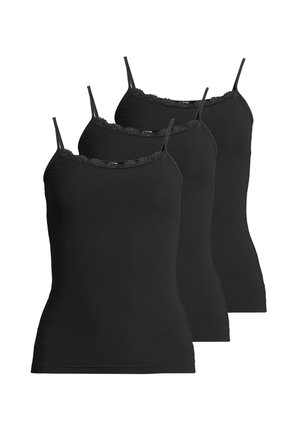 Drei schwarze Trägertops mit dünnen Trägern, die über eine gerippte Textur und eine Spitzeneinfassung entlang des Ausschnitts verfügen und eine figurbetonte Silhouette schaffen.