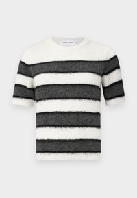 Kurzarmpullover mit schwarz-weißen Streifen. Weicher Stoff mit kontrastierenden Streifen, Rundhalsausschnitt und gerippten Bündchen und Saum.