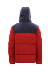 Raudonas ir tamsiai mėlynas gobtuvu pūkų švarkas su siuvinėtu raštu ir elastingomis ribomis. Lygus paviršius, storas izoliacijos sluoksnis ir tiesus kirpimas juosmenyje.