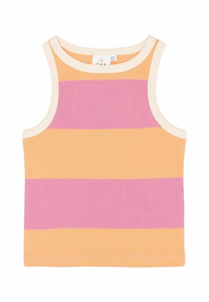Débardeur en maille côtelée sans manches avec larges rayures horizontales pêche et rose, bordure crème autour du col et des emmanchures.
