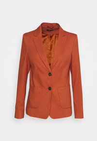 Oranje blazer met reverskraag, twee voorzakken en zwarte knopen. De binnenkant is gevoerd met bruin stof met een fijne textuur.