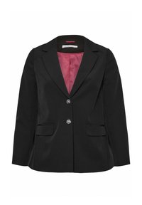 Svart blazer i slätt tyg, med enstaka knappstängning, två framfickor och en rosa satinfoder. Klassiska ficklappar.