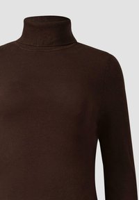 Brauner Rollkragenpullover aus einem glatten, weichen Material mit langen Ärmeln und gerippten Details am Kragen und den Bündchen.