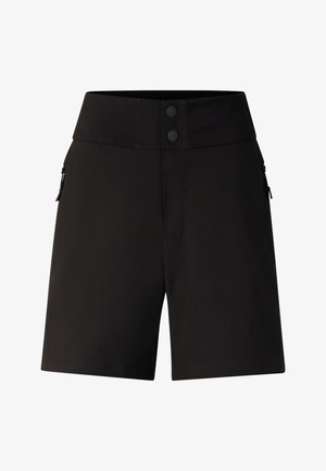 Black high-waist shorts with two front buttons and zippered pockets on each side, displayed against a white background.