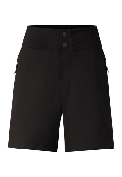Schwarze High-Waist-Shorts mit zwei vorderen Knöpfen und Reißverschlusstaschen auf beiden Seiten, präsentiert vor einem weißen Hintergrund.