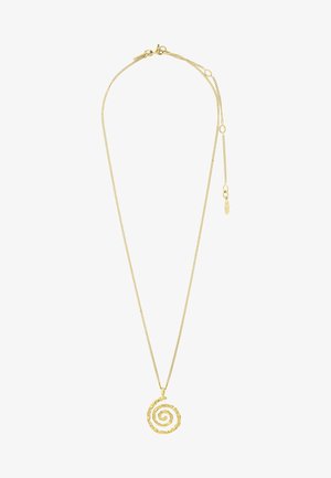 Gouden kettinkje met een gestructureerde spiraalvormige hanger en verstelbare sluiting op een witte achtergrond.