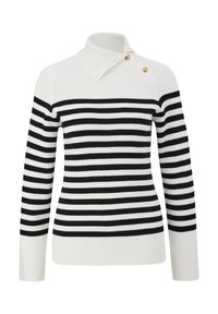 Gestreifter Pullover in Schwarz und Weiß, mit hohem Kragen, Knopfdetails an der Schulter, gerippter Textur und langen Ärmeln.