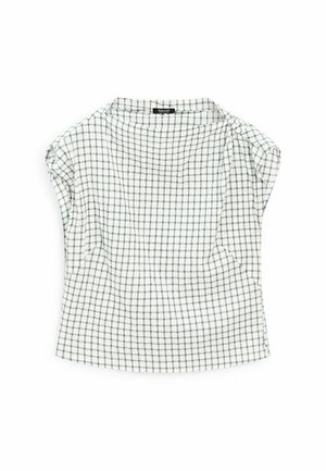 Witte blouse met korte mouwen en een ruitpatroon in zwart en grijs. Heeft een ronde halslijn en een losse pasvorm met plooidetails op de schouders.