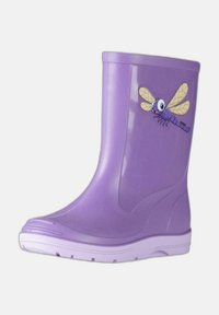 Botas de goma moradas con un gráfico de libélula. Presentan una textura suave y brillante, y una suela blanca. Parte superior redondeada y detalles estriados en la suela.