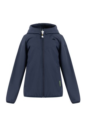 Marineblauwe capuchonjas met ritssluiting aan de voorkant, lange mouwen en elastische manchetten, ontworpen voor buitengebruik.