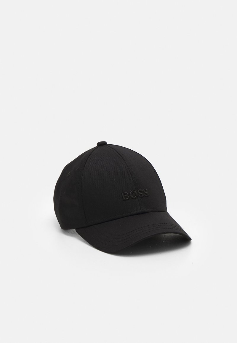 Cappellino da baseball nero in tessuto, con visiera curva, design a sei pannelli e logo "BOSS" in rilievo sul davanti.