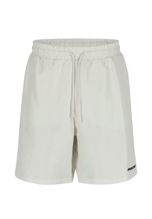 Weiße Sportshorts mit elastischem Bund und Kordelzug. Enthält ein schwarzes Logo unten rechts. Leichtgewichtig, glatte Textur.