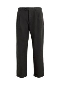 Black linen trousers with a straight leg design, front pleats, a button closure, and rolled cuffs, featuring a smooth texture.