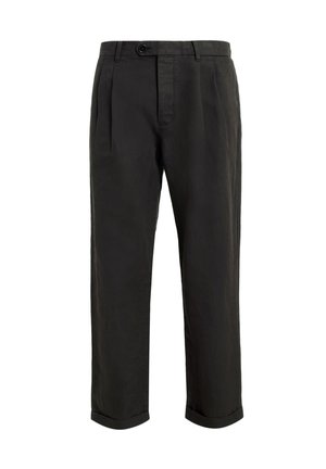 Black linen trousers with a straight leg design, front pleats, a button closure, and rolled cuffs, featuring a smooth texture.