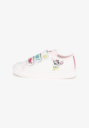 White children's sneaker with pink trim, Velcro straps featuring colorful text, a tennis ball icon, and a Minnie Mouse playing tennis graphic.