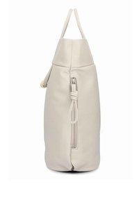 Sac en cuir gris clair de forme arrondie, avec une fermeture éclair latérale et une poignée courte. Texture lisse avec des détails de design minimalistes.