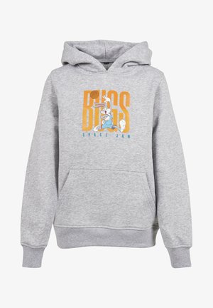 Sudadera con capucha gris con un bolsillo tipo canguro en el frente, con un logo gráfico colorido de "Bugs" y un personaje de dibujos animados, hecho de tela de felpa suave.