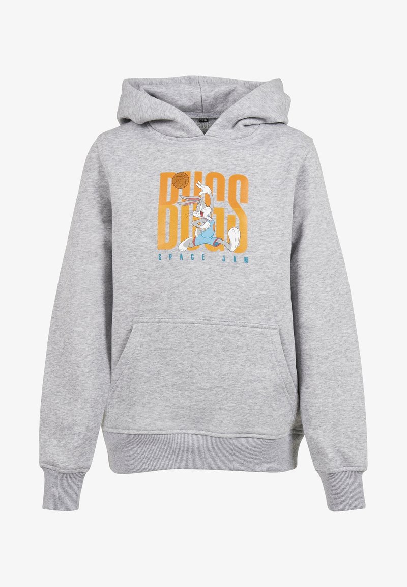 Sweat à capuche gris avec une poche kangourou à l'avant, arborant un logo graphique coloré "Bugs" et un personnage de dessin animé, fabriqué en tissu polaire doux.