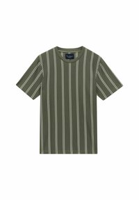 Olivengroene T-shirt met korte mouwen, voorzien van verticale witte strepen, een ronde hals en een zachte katoenen textuur. Merklapje zichtbaar aan de binnenkant van de kraag.