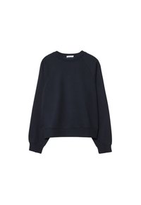 Felpa blu navy con maniche raglan, scollo tondo e polsini a costine. Texture morbida, orlo dritto e design minimalista senza loghi.