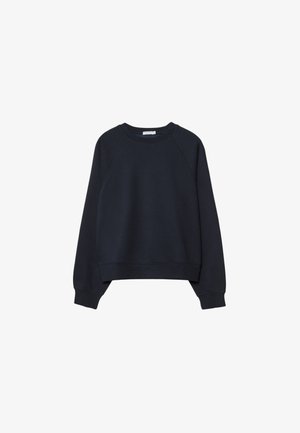 Laivansinisvetari, jossa on raglan-hihat, pyöreä kaula-aukko ja ribbaatukuvut. Pehmeä rakenne, suora helma ja minimalistinen muotoilu ilman logoja.