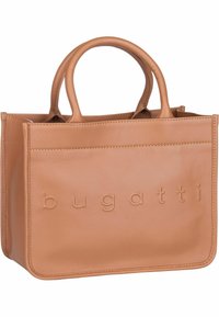 Sac fourre-tout en cuir tan avec des poignées arrondies, logo "bugatti" en relief, forme carrée et design minimaliste. Texture lisse avec des coutures soignées.