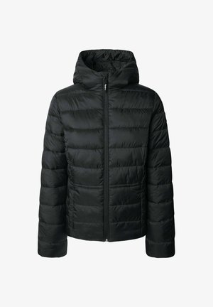 Black puffer jacket with a zip front, hood, horizontal quilted design, and elastic cuffs, made from a smooth synthetic material.