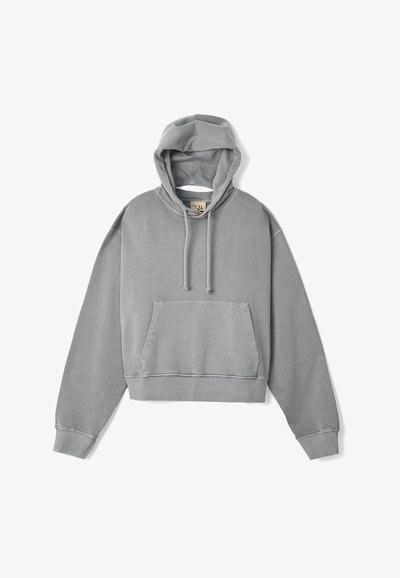 Grijze cropped hoodie van een katoenmix. Voorzien van een capuchon met trekkoord, een voorkantzak en ribgebreide manchetten en zoom. Soepele textuur.