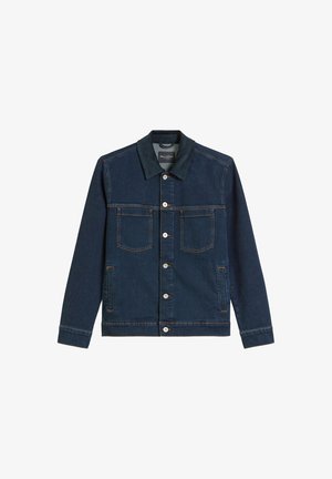 Granatowa dżinsowa kurtka zapinana na guziki z kontrastowym kołnierzem, dwoma kieszeniami na piersi i dwiema kieszeniami bocznymi, leżąca na białym tle.