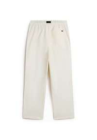 Pantaloni di colore crema, larghi, con vita elasticizzata e tasca posteriore. Realizzati in un tessuto leggero con una texture liscia.