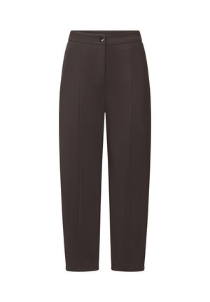 Dunkelbraune, hoch taillierte Hose mit geradem Bein, Knopfverschluss am Bund und dezenten Nahtdetails vorne.