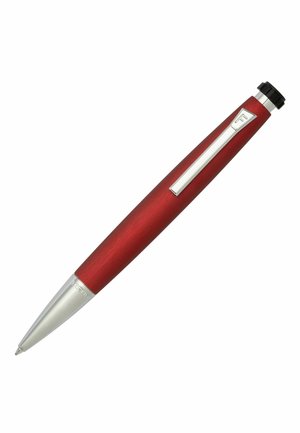 Red metal ballpoint pen with a matte finish, silver clip, and pointed tip. Features a black top button for retracting the pen.