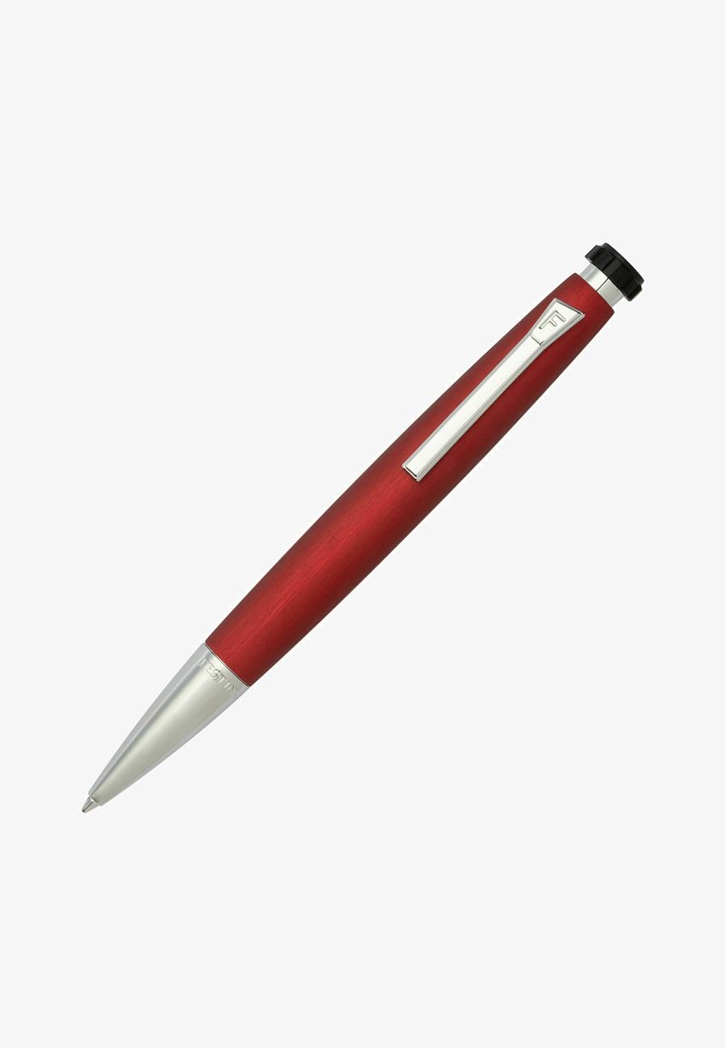Red metal ballpoint pen with a matte finish, silver clip, and pointed tip. Features a black top button for retracting the pen.