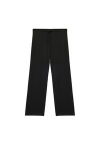 Black wide-leg pants made from soft, lightweight fabric. Features an elastic waistband with a drawstring for adjustable fit.