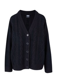 Cardigan en maille torsadée noire avec un col en V, des poignets et un ourlet côtelés, doté de cinq boutons sur le devant et de motifs texturés complexes.