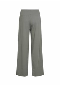 Pantalons larges en tissu uni vert olive. Texture lisse avec une taille élastique et sans poches visibles ni embellissements.