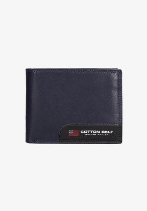 Marineblauwe leren portemonnee met zwarte accenten, voorzien van een gestikt ontwerp, een logopatch en een detail van de Amerikaanse vlag. Gevouwen bi-fold structuur.