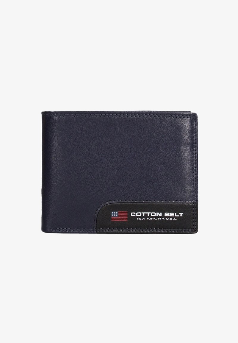 Portafoglio in pelle blu navy con dettagli neri, caratterizzato da un design impunturato, una patch con il logo e un dettaglio della bandiera americana. Struttura pieghevole a due ante.