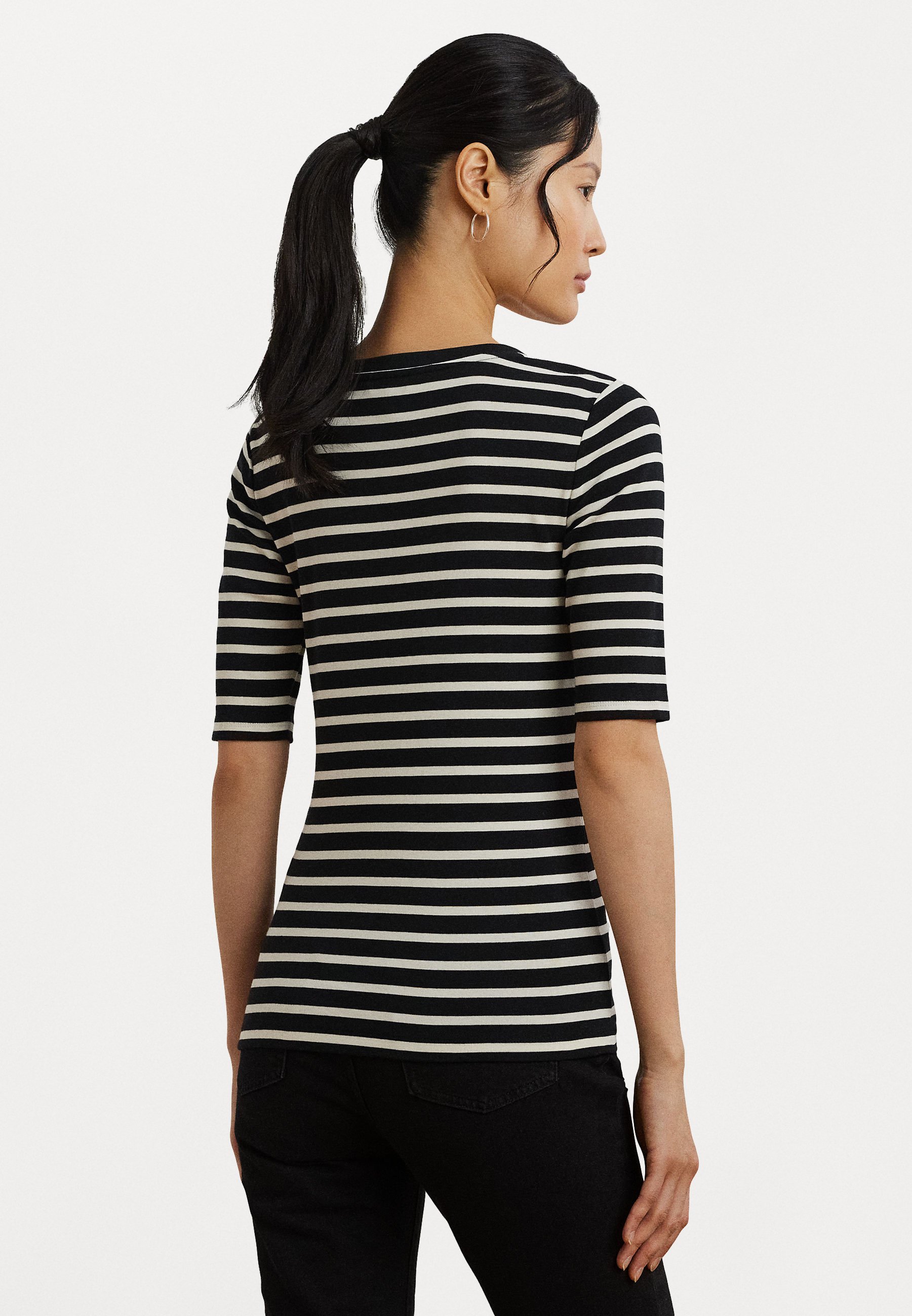 売れ筋商品|||ラルフローレン Tシャツ レディース トップス Striped Elbow Sleeve Henley Top - Print T-shirt - black/mascarpone cream Women's Lauren Ralph Lauren Striped Elbow-sleeve Henley Top