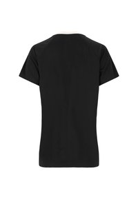 Svart kortärmad t-shirt gjord av mjukt tyg, med rund hals och raglanärmar, med en ren, minimalistisk design.