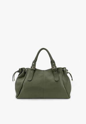 Sac à main vert olive en cuir texturé, doté de deux anses supérieures et de côtés à cordon ajustable avec des accents métalliques.