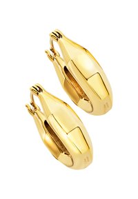 Orecchini a cerchio color oro con finitura lucida, caratterizzati da una forma liscia e arrotondata e da un design con clasp sicuro.