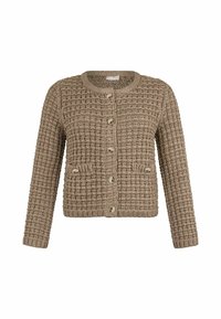 Cardigan marron tricoté avec une texture gaufrée, col rond, six boutons, manches longues et deux poches devant.