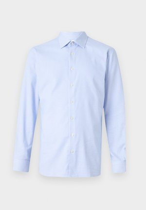 Fénykék hosszú ujjú ing, kockás mintával, gombos előlappal, hegyes gallérral és diszkrét textúrával. Szabott fazon, gombos mandzsettával.